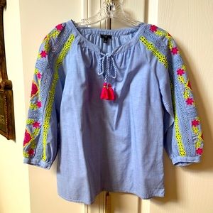 TALBOTS BLUE CONTRAST EMBROIDERED SLEEVE POPOVER PEASANT BLOUSE TOP